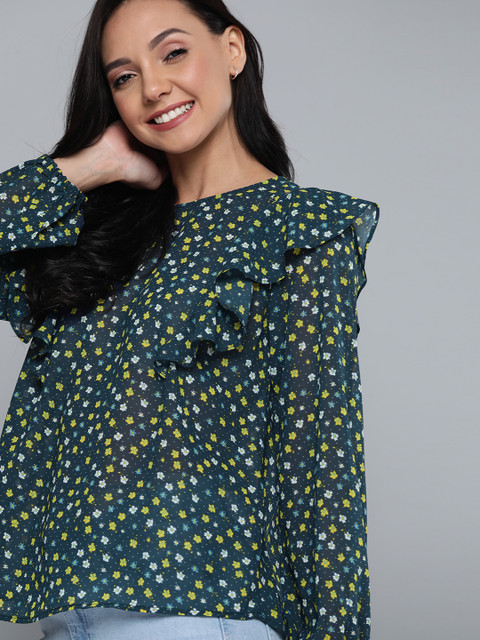 

Mast & Harbour Women Navy Blue & Yellow Floral Print Top