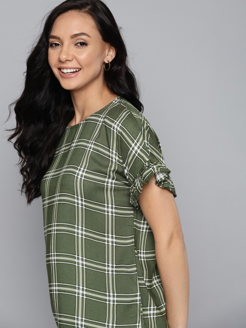 

Mast & Harbour Green & Off White Checked Extended Sleeves Ruffles Top