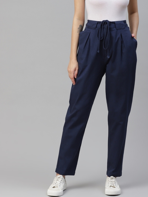 

Mast & Harbour Women Navy Blue Pleated Pure Cotton Solid Trousers