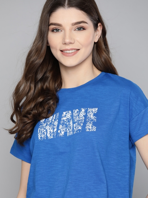 

Mast Harbour Women Blue Pure Cotton Relaxed Fit Printed Round Neck Pure Cotton T-shirt