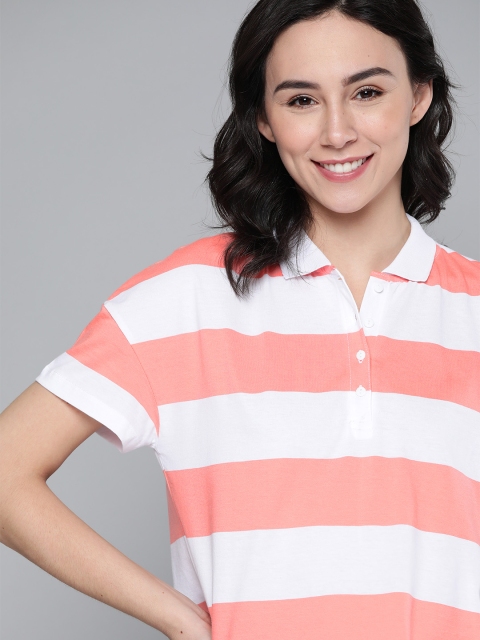 

Mast & Harbour Women Pink & White Striped Cotton Polo Collar T-shirt