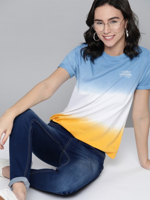 

Mast & Harbour Women Blue & White Pure Cotton Dyed Round Neck T-shirt