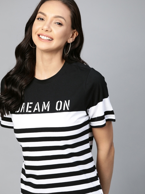 

Mast & Harbour Women Black & White Pure Cotton Striped T-shirt