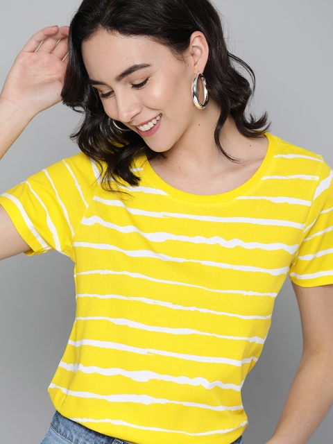 

Mast & Harbour Women Yellow & White Pure Cotton Tie & Dyed Striped Round Neck T-shirt