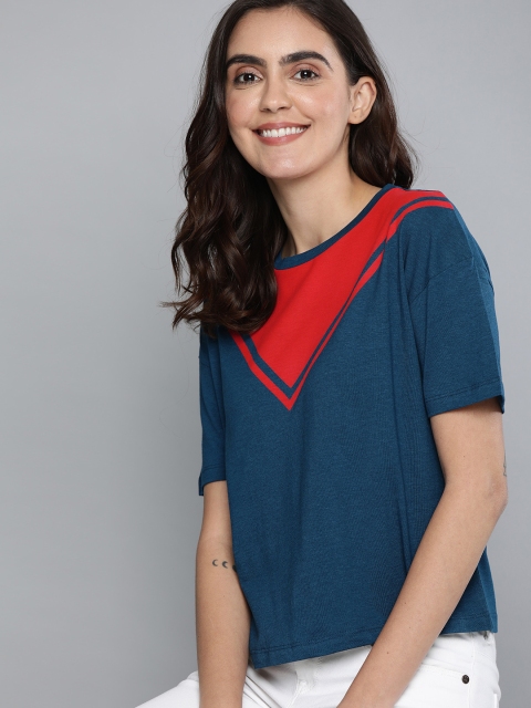 

Mast & Harbour Women Teal Blue Colourblocked Round Neck T-shirt