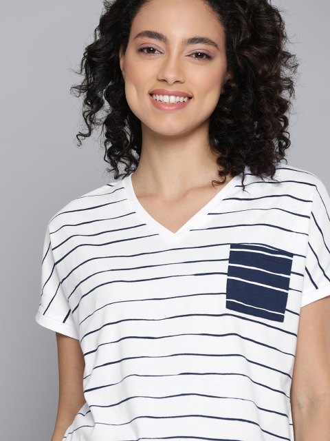 

Mast & Harbour Women White & Navy Pure Cotton Striped V-Neck T-shirt