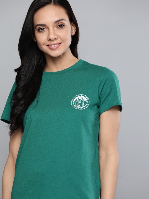 

Mast & Harbour Women Green & White Back Printed Pure Cotton Round Neck T-shirt
