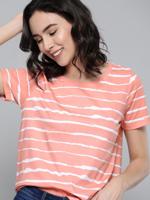 

Mast Harbour Women Peach-Coloured White Cotton Tie Dyed Striped Round Neck Pure Cotton T-shirt