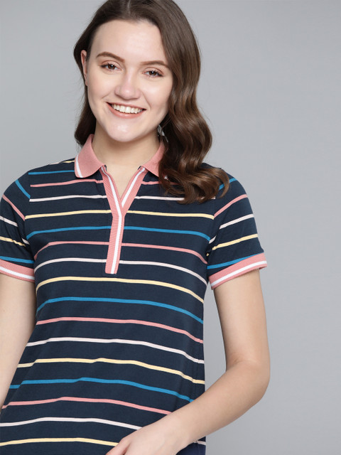 

Mast & Harbour Women Navy Blue & Peach-Coloured Pure Cotton Striped Polo Collar T-shirt