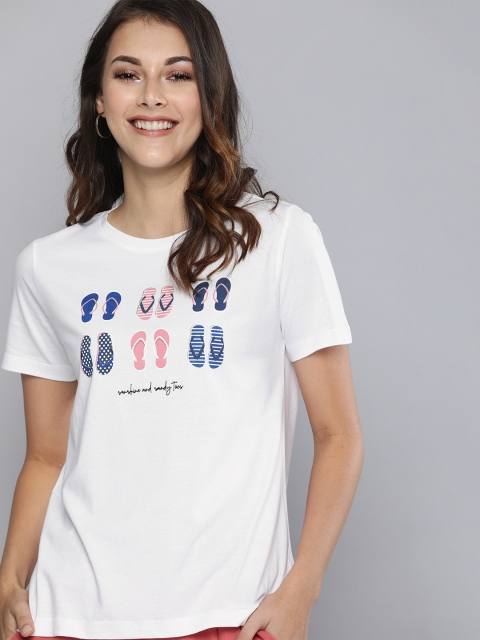 

Mast & Harbour Women White Conversational Printed Round Neck T-shirt