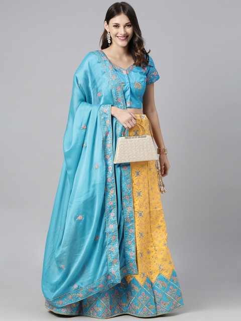 

The Chennai Silks Yellow & Blue Embroidered Lehenga & Unstitched Blouse with Dupatta