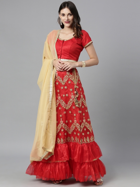 

The Chennai Silks Red & Golden Embroidered Lehenga & Unstitched Blouse with Dupatta