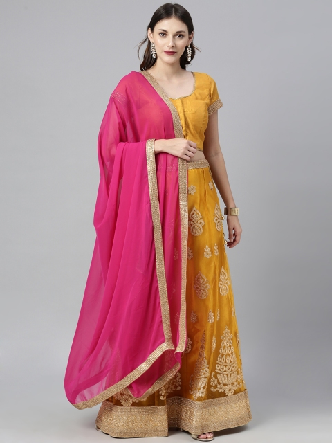 

The Chennai Silks Mustard Yellow & Golden Embroidered Lehenga & Blouse with Dupatta