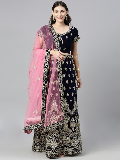 

The Chennai Silks Navy Blue & Pink Embroidered Lehenga Made to Measure Blouse with Dupatta