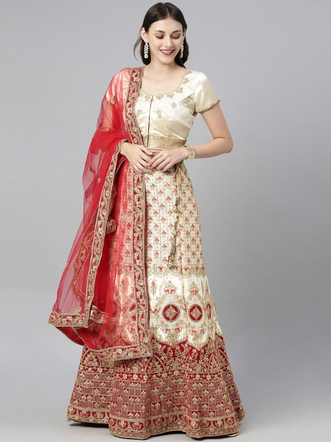 

The Chennai Silks Cream-Coloured & Red Embroidered Ready to Wear Lehenga & Made to Measure Blouse with Dupatta