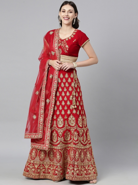 

The Chennai Silks Red & Golden Embroidered Lehenga & Made to Measure Blouse with Dupatta