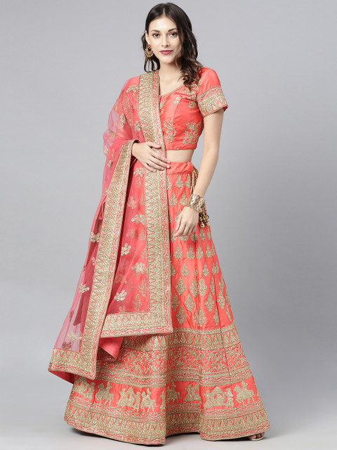 

The Chennai Silks Coral Orange Embroidered Lehenga & Made to Measure Blouse with Dupatta