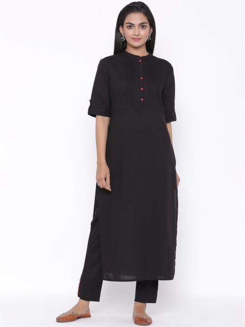 

fabGLOBAL Women Black Solid Cotton Kurta with Trousers & Dupatta