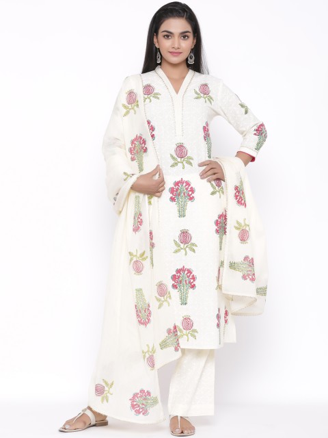

fabGLOBAL Women Off-White Printed Pure Cotton Kurta with Palazzos & Dupatta