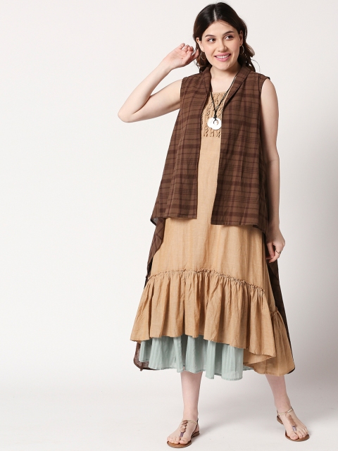 

TERQUOIS Women Brown Checked A-Line Layered Dress with Shrug