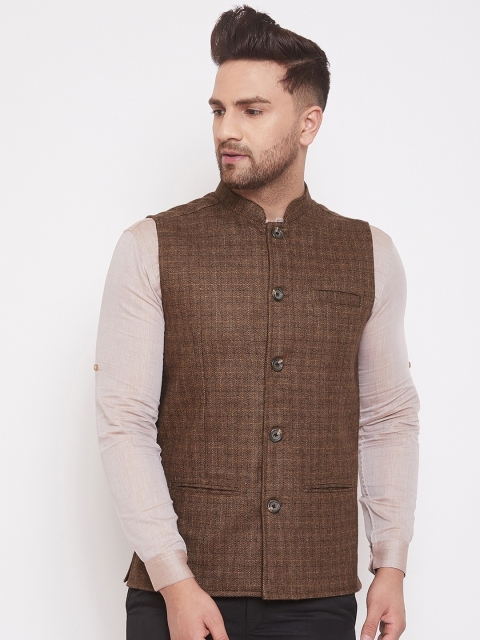 

even Men Brown Checked Woolen Linen Nehru Jacket
