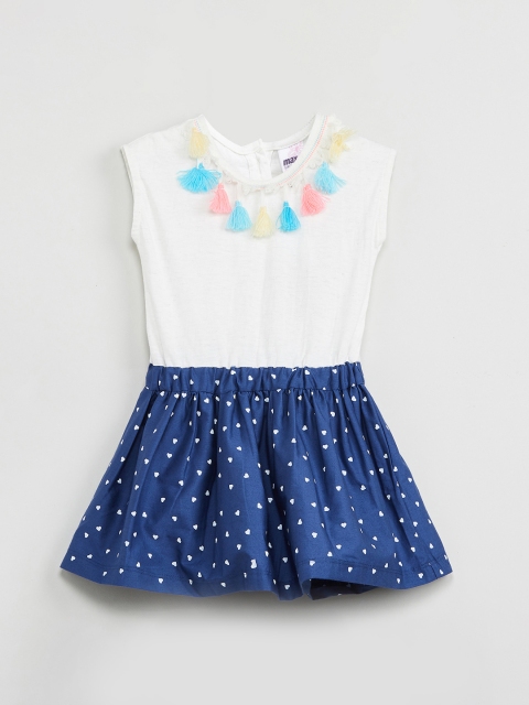 

max Girls Off-White & Navy Blue Printed Fit and Flare Dress