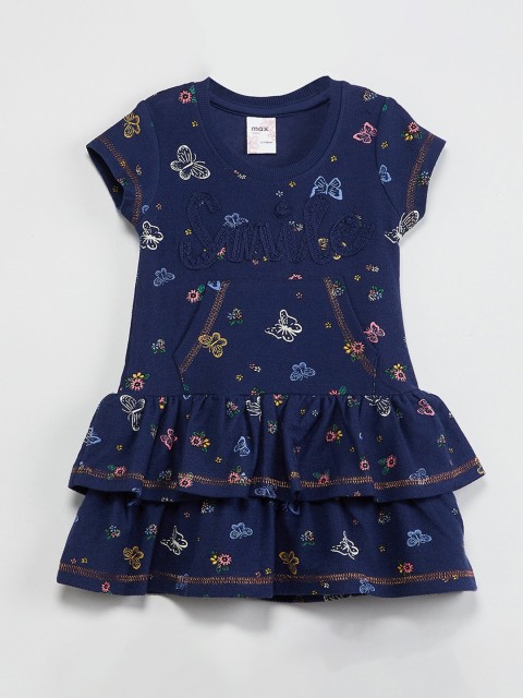 

max Girls Navy Blue & Printed Drop-Waist Dress