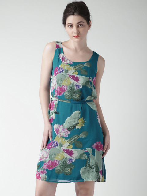 

SELA Teal Blue Floral Print Polyester A-Line Dress