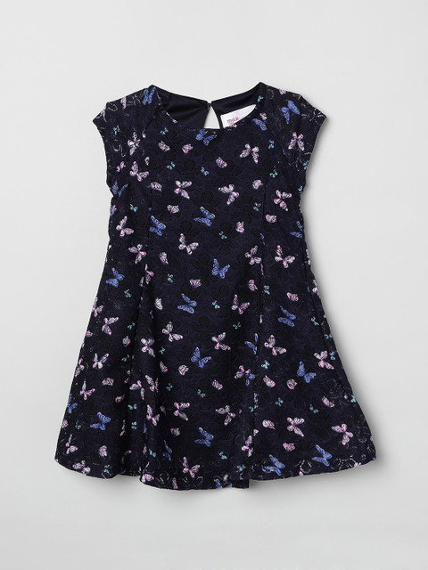 

max Girls Navy Blue Printed Fit and Flare Dress