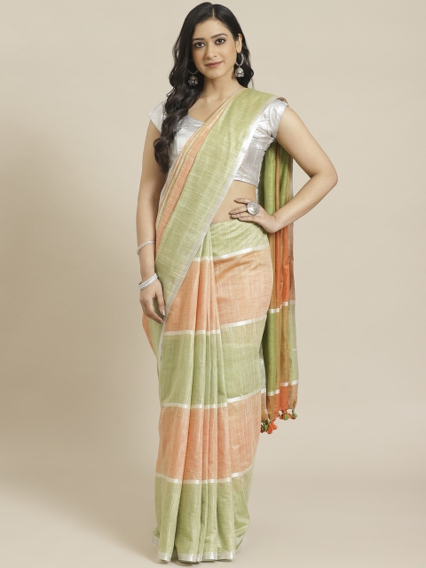 

swatika Green & Orange Handloom Zari Checked Bhagalpuri Saree