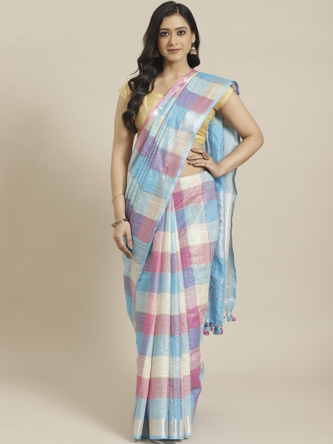 

swatika Blue & Pink Handloom Zari Checked Bhagalpuri Saree