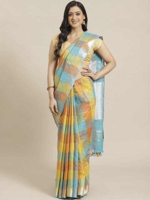 

swatika Mustard Yellow & Blue Handloom Zari Checked Bhagalpuri Saree