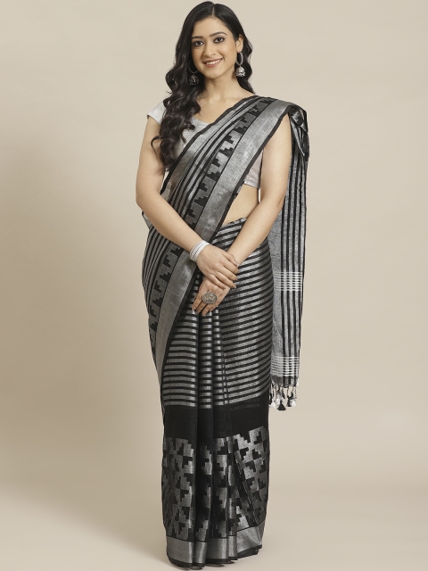

swatika Black & Silver Pure Linen Zari Striped Handloom Bhagalpuri Saree