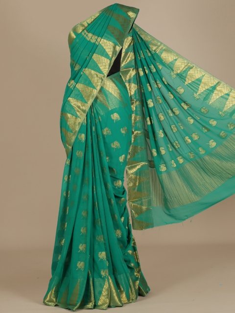 

Pothys Green & Gold-Toned Poly Chiffon Woven Design Saree
