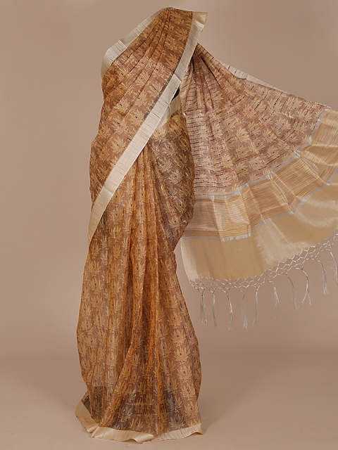 

Pothys Cream-Coloured Woven Design Tissue Saree with Tassels Pallu