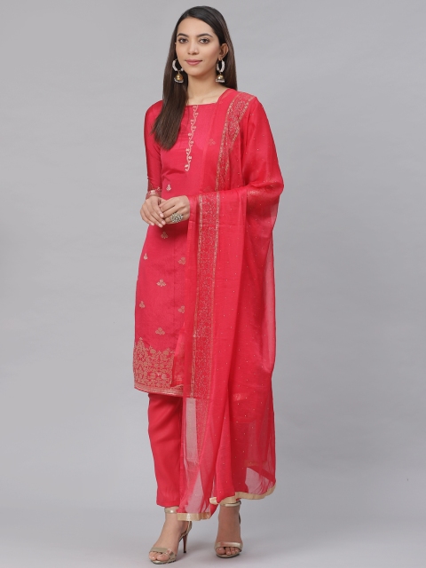

Saree mall Coral Pink & Golden Woven Design Unstitched Dress Material