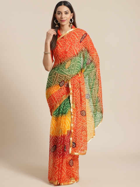 

Saree mall Orange & Green Pure Chiffon Printed Bandhani Saree