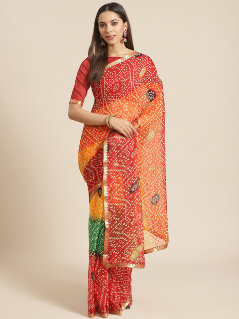

Saree mall Red & Orange Pure Chiffon Printed Bandhani Saree