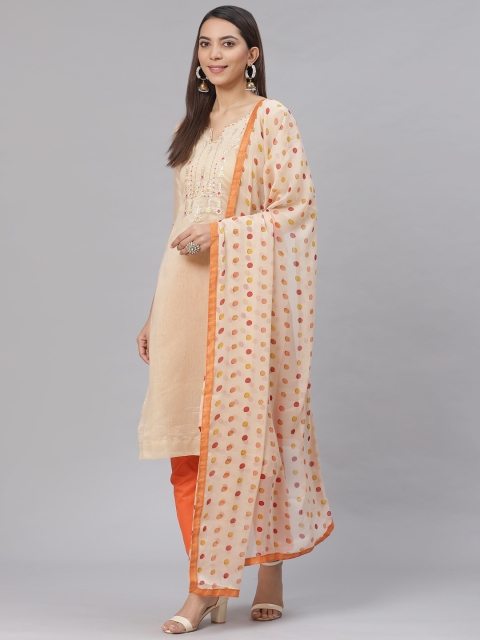 

Saree mall Beige & Orange Embroidered Yoke Design Unstitched Dress Material