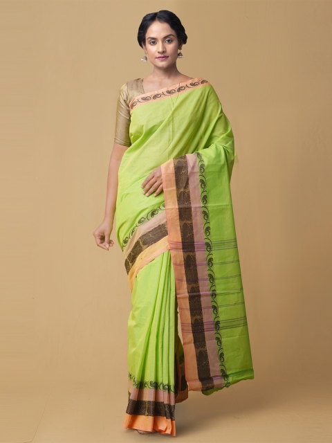 

Unnati Silks Lime Green Pure Cotton Solid Kanchi Saree