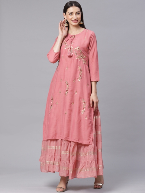 

Chhabra 555 Women Made to Measure Peach-Coloured & Golden Embroidered Layered Maxi Dress