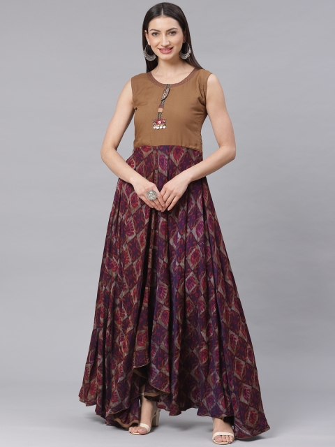 

Chhabra 555 Women Brown & Purple Printed Made to Measure Asymmetric Maxi Dress