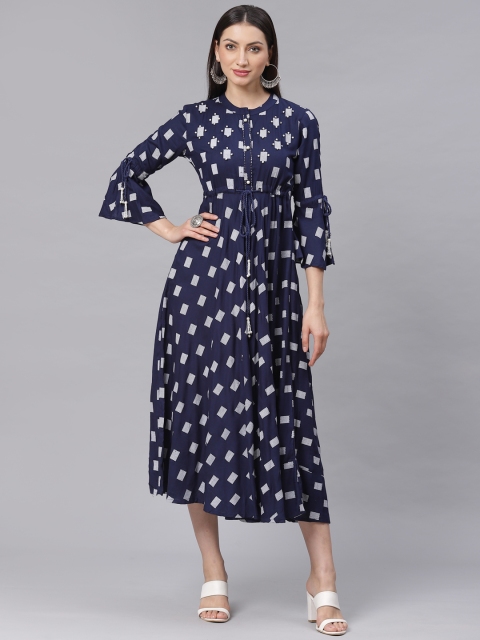 

Chhabra 555 Women Navy Blue & White Printed Made to Measure A-Line Dress