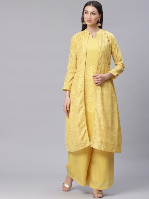 

Chhabra 555 Yellow Embroidered Made to Measure Kurta with Palazzos & Printed Jacket