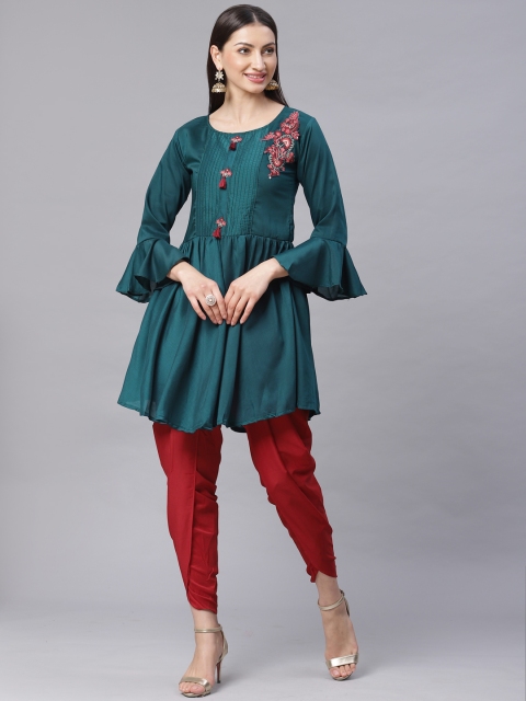 

Chhabra 555 Teal Green & Red Solid Made to Measure Kurta with Dhoti Pants