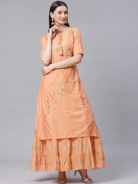 

Chhabra 555 Women Peach Embriodered Made to Measure Layered Maxi Dress