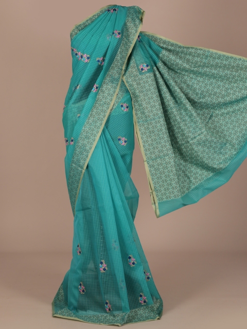 

Pothys Blue & Beige Cotton Blend Embroidered Saree