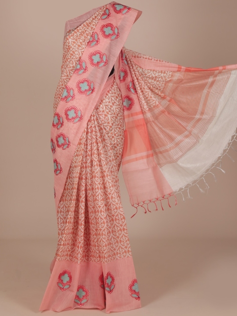 

Pothys Peach-Coloured Printed Cotton Blend Saree with Jhalar Pallu