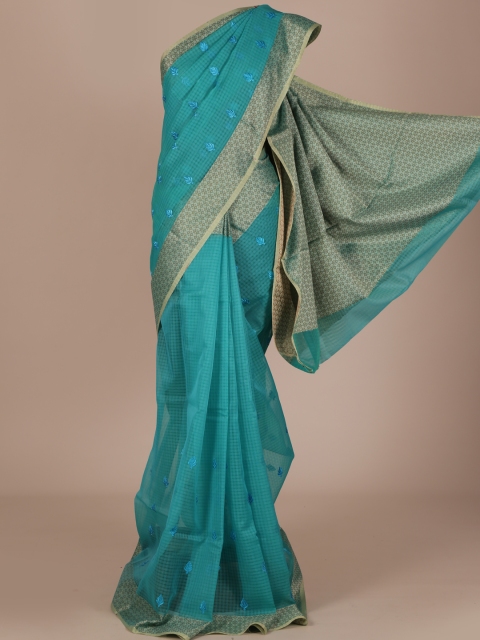

Pothys Blue & Beige Cotton Blend Embroidered Saree
