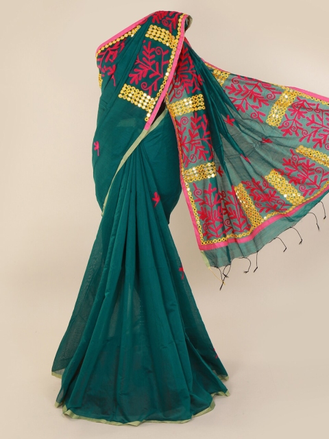 

Pothys Green Solid Cotton Blend Saree with Mirror Work Ornamentation
